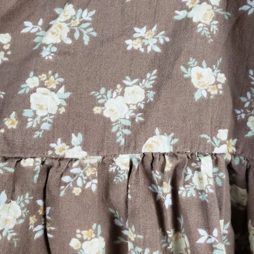 American Eagle Women's M Tiered Babydoll Crop Blouse‎ Brown Floral Cottagecore